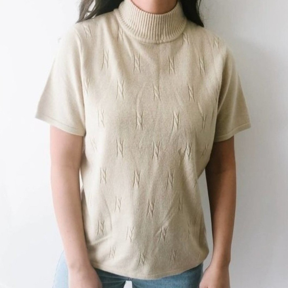 Studio Works Womens Beige Mock Neck Short Sleeve Cable Knit Sweater Top Large